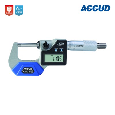 Прецизионный (повышенной точности) микрометр наружный цифровой арт.313-001-01, диап. измерений 0-25 мм / 0-1", дискретность 0,001мм / 0.00005", IP65 (водо- и пылезащитный), от ACCUD