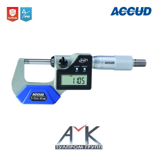Прецизионный (повышенной точности) микрометр наружный цифровой арт.313-002-01, диап. измерений 25-50 мм / 1-2", дискретность 0,001мм / 0.00005", IP65 (водо- и пылезащитный), с установочной мерой 25 мм, от ACCUD